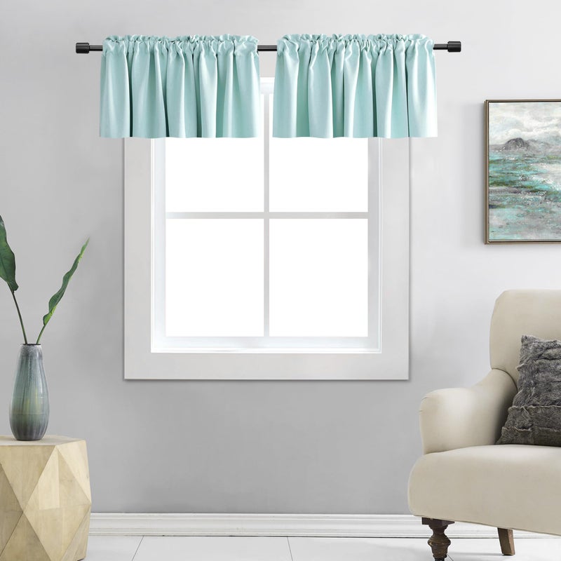 DONREN 12 Inch Length Blackout Window Valances for Loft - Aqua Kitchen Valances with Rod Pocket (42 x 12 Inch,2 Panels) - Image 1